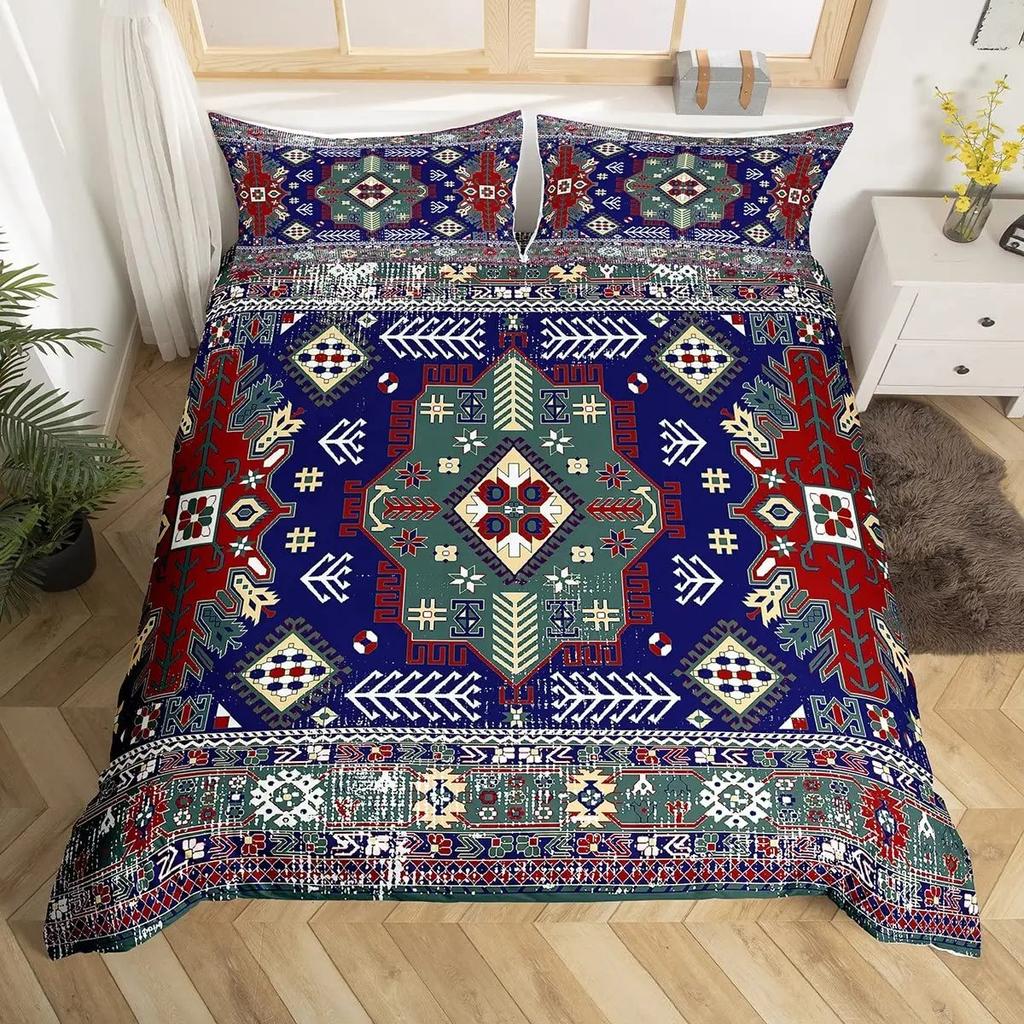 Tribal Floral Duvet Cover Set Bohemian Geometric Flowers Bedding Set Mysterious Indian Abstract Grid Quilt Cover Twin King Size