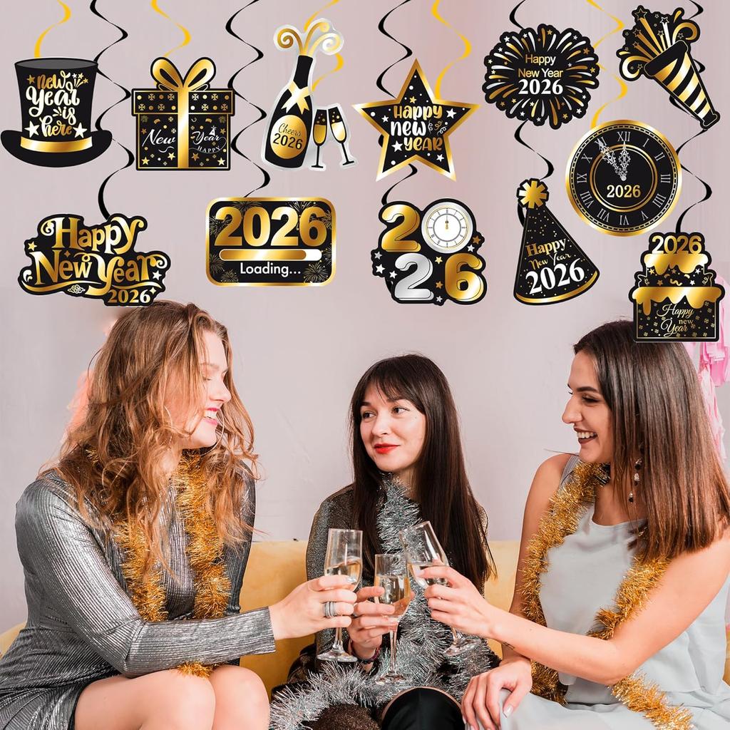 New Year Theme Party Supplies Happy 2026 New Year Hanging Swirls 20Pcs New Year's Eve Hanging Decorations 2026 Countdown Party Ceiling Streamers for