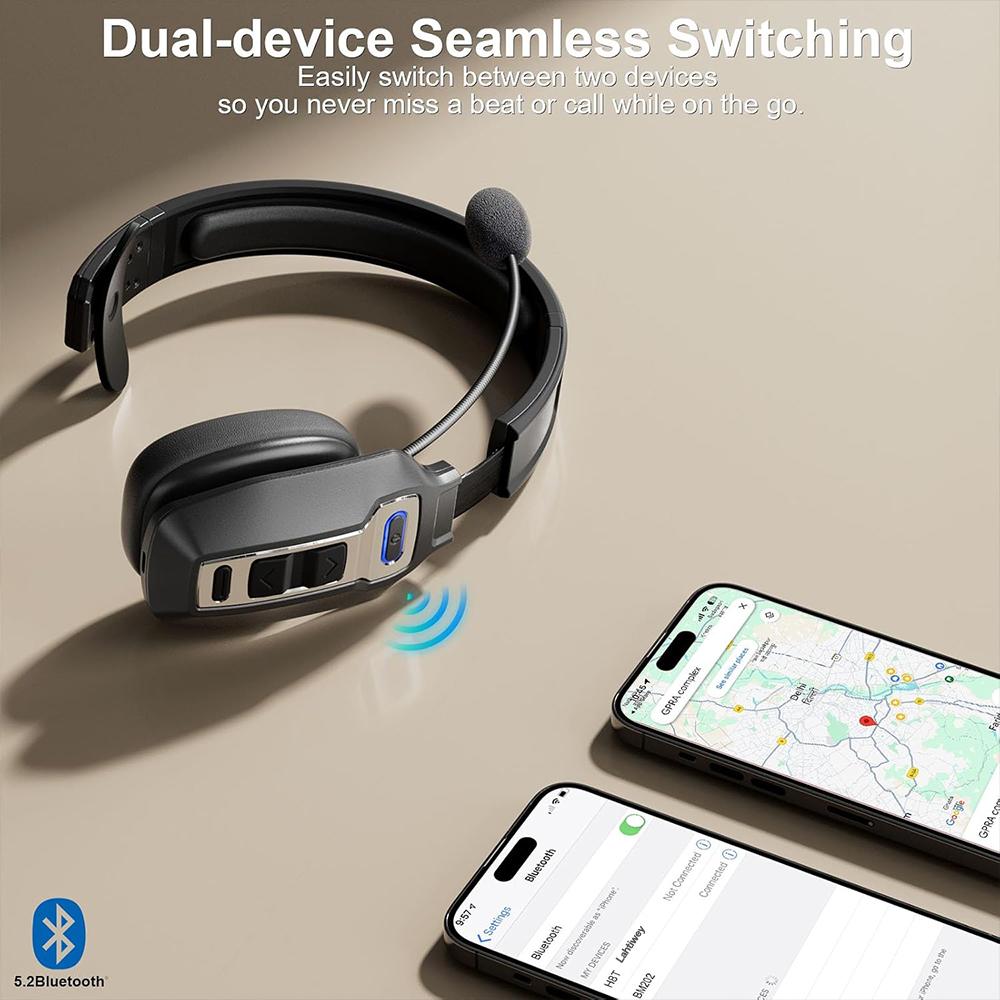 Bluetooth-Headset mit Mikrofon, LKW-Fahrer Bluetooth-Headset mit KI-Geräuschunterdrückung & Stummschalttaste, Kabellose On-Ear-Kopfhörer
