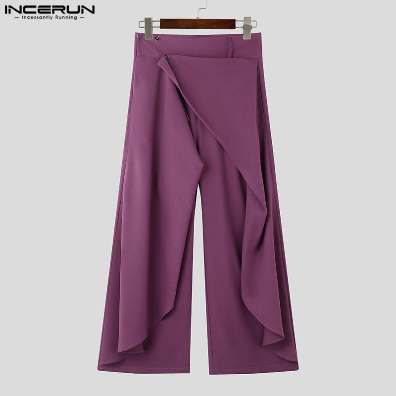 INCERUN Men Front Cross Warp Ruffled Layers Zipper Waist Long Loose Casual Trousers Pants