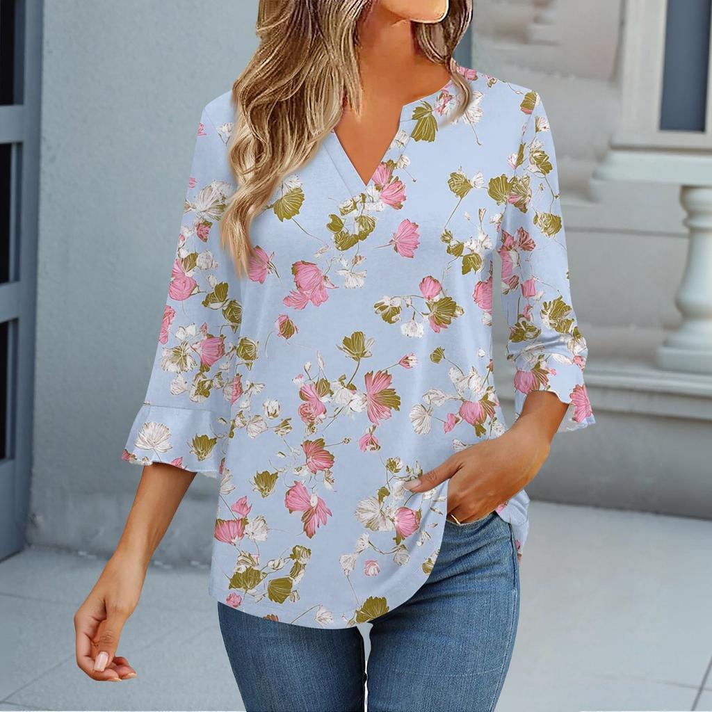 3/4 Sleeve Tops For Women T-Shirt Casual Flared Sleeves Print Tunic V Neck Pullover Blouse