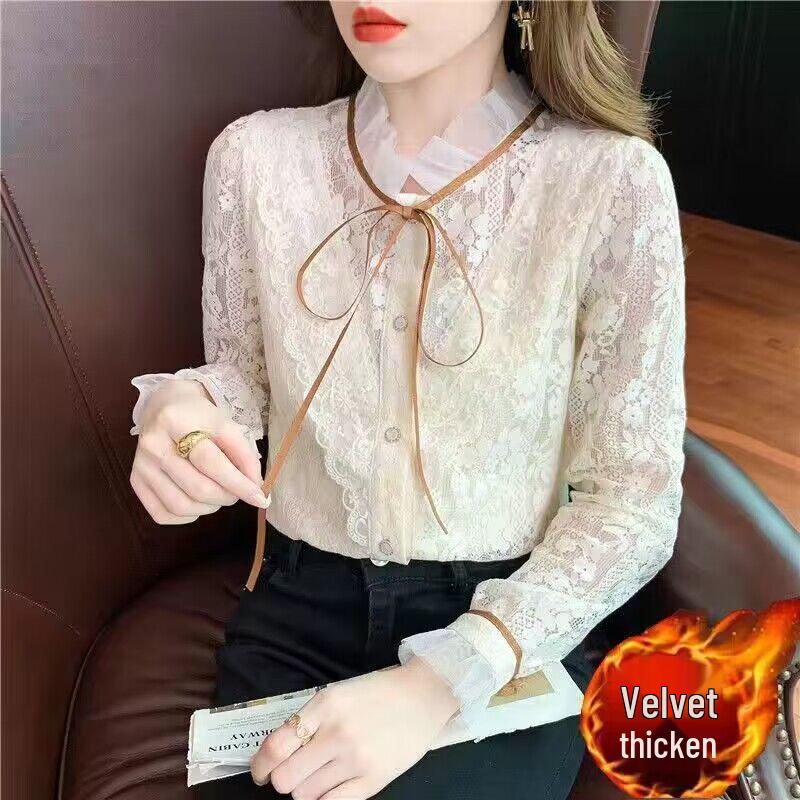 Women's Plus Size Fleece-Lined Chiffon Lace Top - Autumn/Winter Warm, Versatile & Stylish