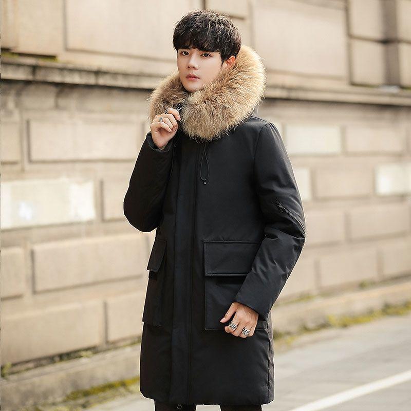 

Мужская зимняя куртка средней длины с утолщенным наполнителем и воротником из натурального меха 2XL чёрный