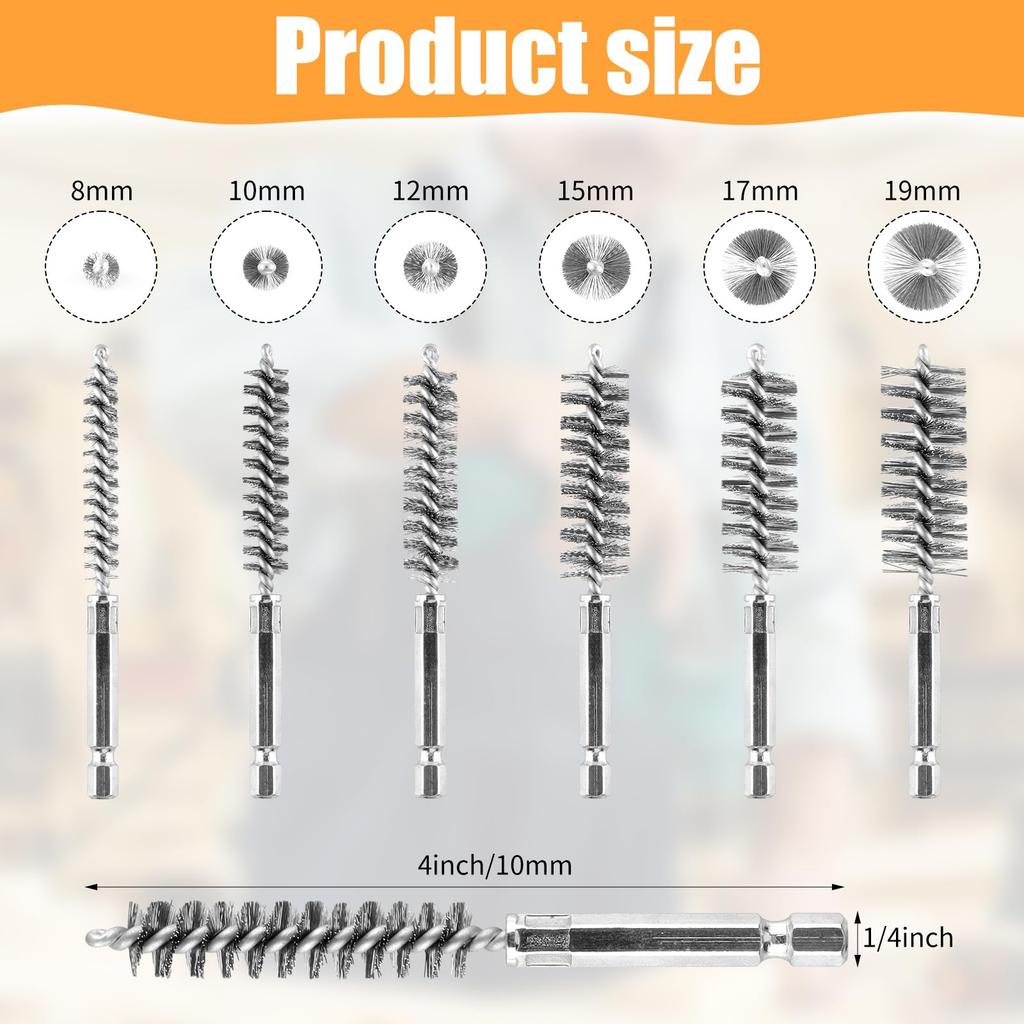 6PCS Stainless steel wire brush drilling and cleaning brush set, 1/4-inch hexagonal handle wire brush, pipe cleaning brush 8/10/12/15/17/19mm