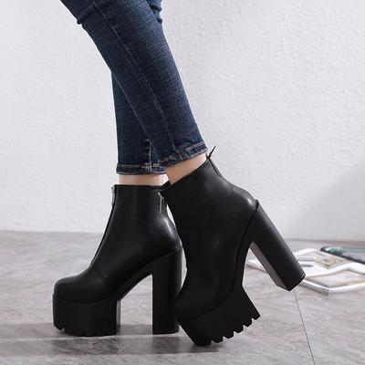 Mode 14CM INS Leder Damen Stiefeletten Plateau Hohe Absätze Schwarz Weiß Kurze Stiefel Winter Gothic Punk Absätze Partyschuhe Damen