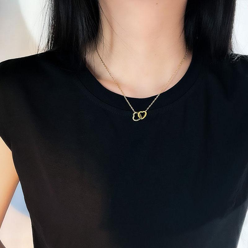 Double Love Heart Clavicle Chains Short Neck Chains Girls Heart Pendant  Stainless Steel Choker Necklace for Women
