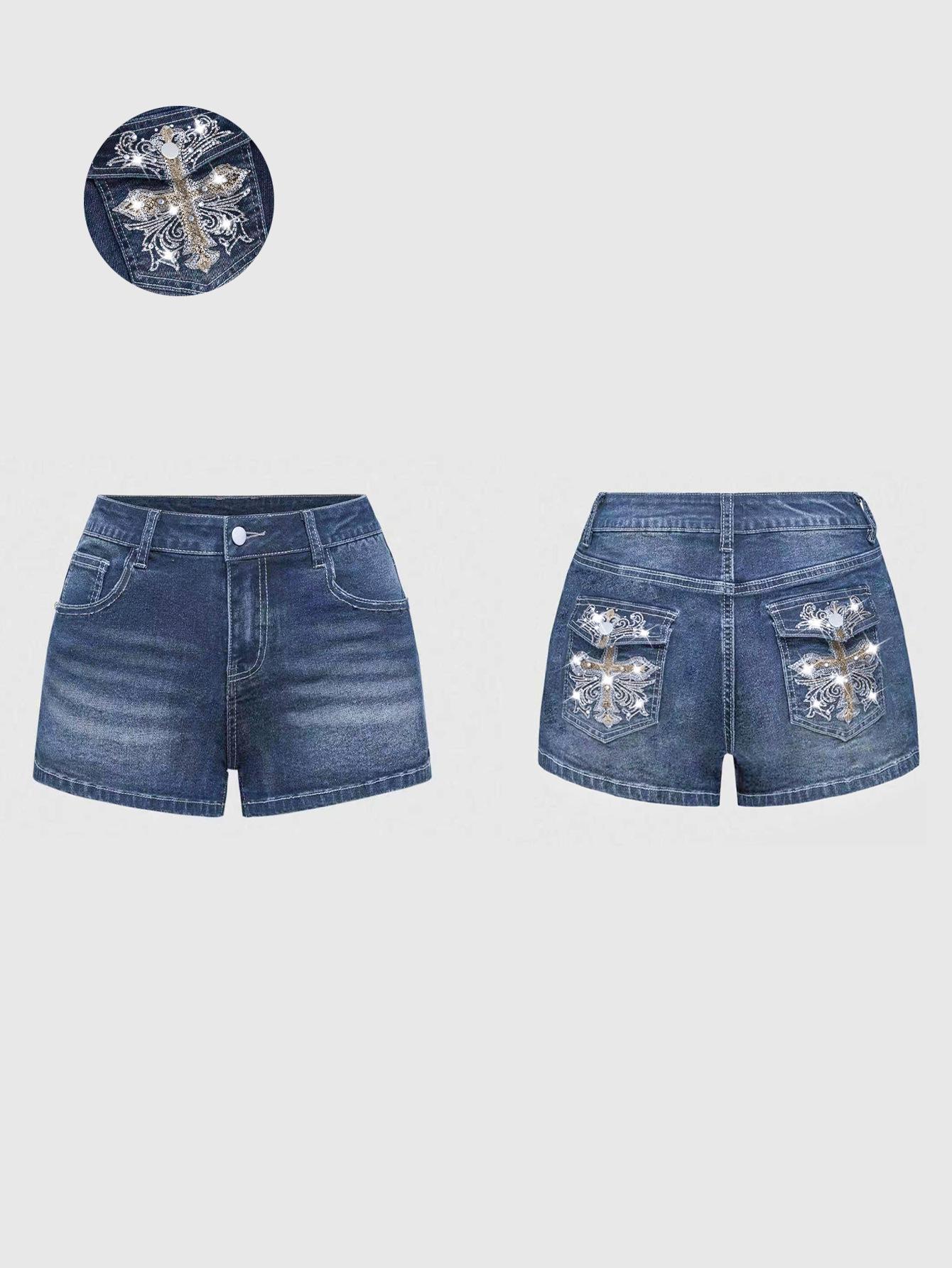 Crystal Rhinestone Embroidered Denim Shorts for Women - Blue-Gray Spicy Girl Jeans M
