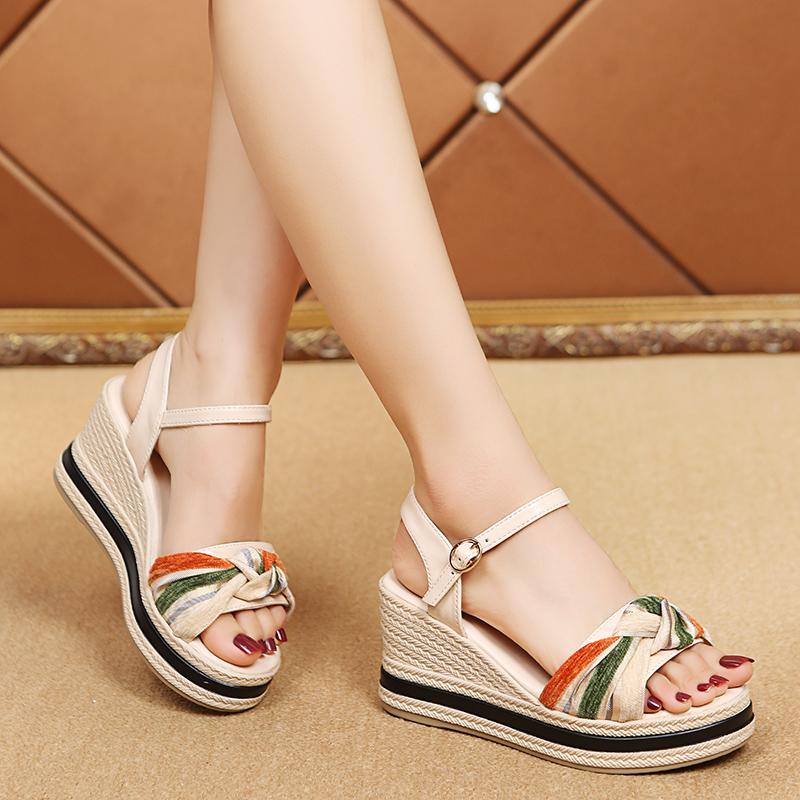 Sandale cu Pană de Vară pentru Femei, Sandale cu Platformă la Modă, cu Degetele Descoperite și Fundă, Pantofi Casual Noi Negri cu Înălțime, Sandale de Plajă Ușoare