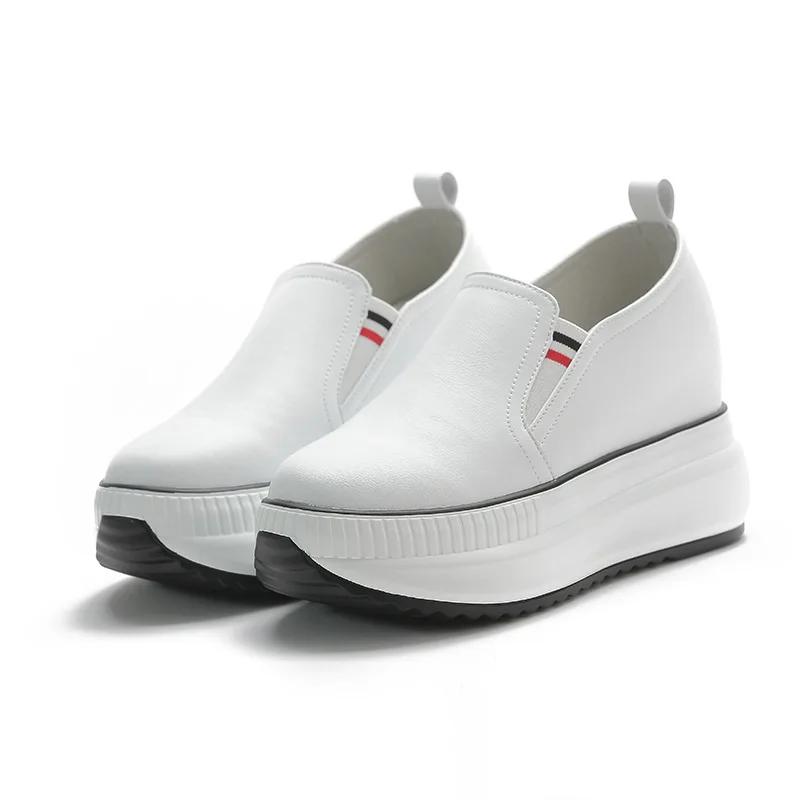 Pantofi din piele naturala femei pantofi la moda cu inaltime cu crestere 8 cm pantofi albi piele de vaca casual femei talpa groasa