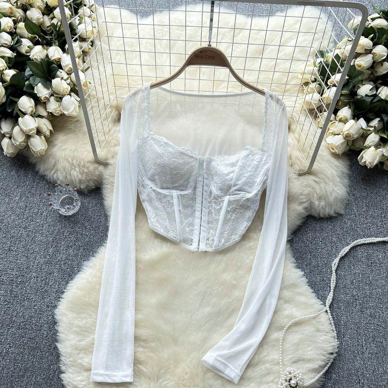 

Модный облегающий кроп-топ с квадратным вырезом и длинными рукавами, кружево White XS