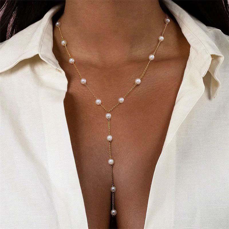 Bohemian White Imitation Pearl Y-Shaped Long Tassel Pendant Necklaces for Women Elegant Adjustable Chokers Chain Wedding Jewelry