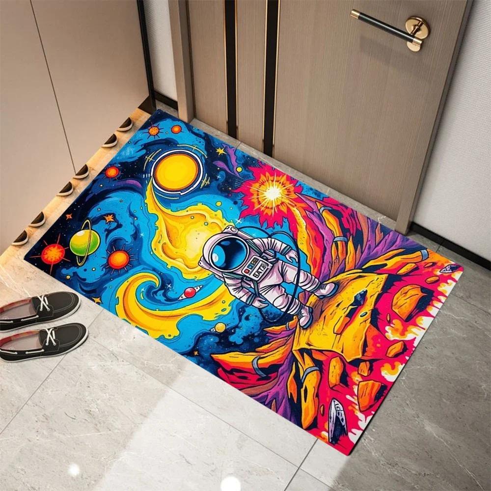Space Pattern Printing Astronauts Planets Stars Foot Rugs Indoor Home Dirt Resistant Entrance Carpet Non Lip Bathroom Kitchen