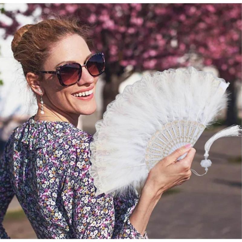 Embroidered Flower Feather Fan Vintage Hand Fan for Costume Dancing Handheld Folding Fan Performances Wedding Party