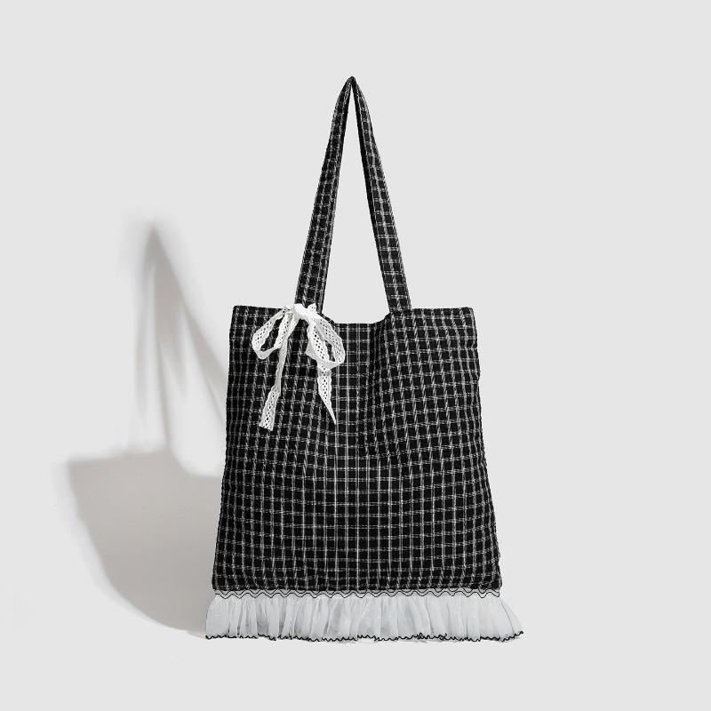 

Нишевый дизайн Девичья кружевная сумка через плечо в клетку с бантом и Вместительная сумка-тоут для женщин для поездок на работу чёрный