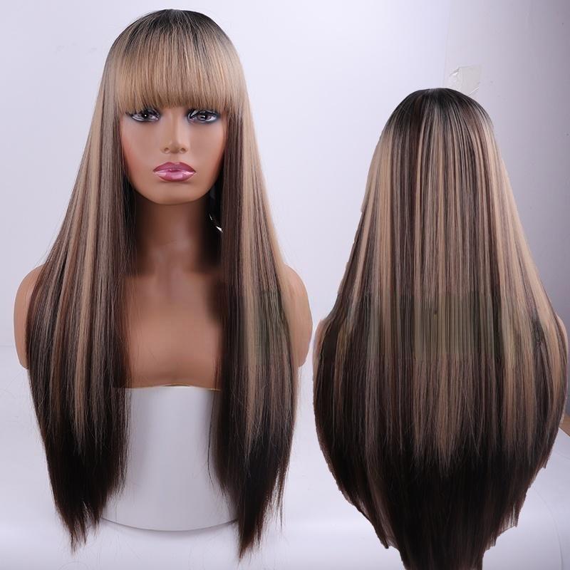 Fashion Long Straight Hair Wig with Bangs Wine Red Synthetic Fiber Wig for Women Daily Wear