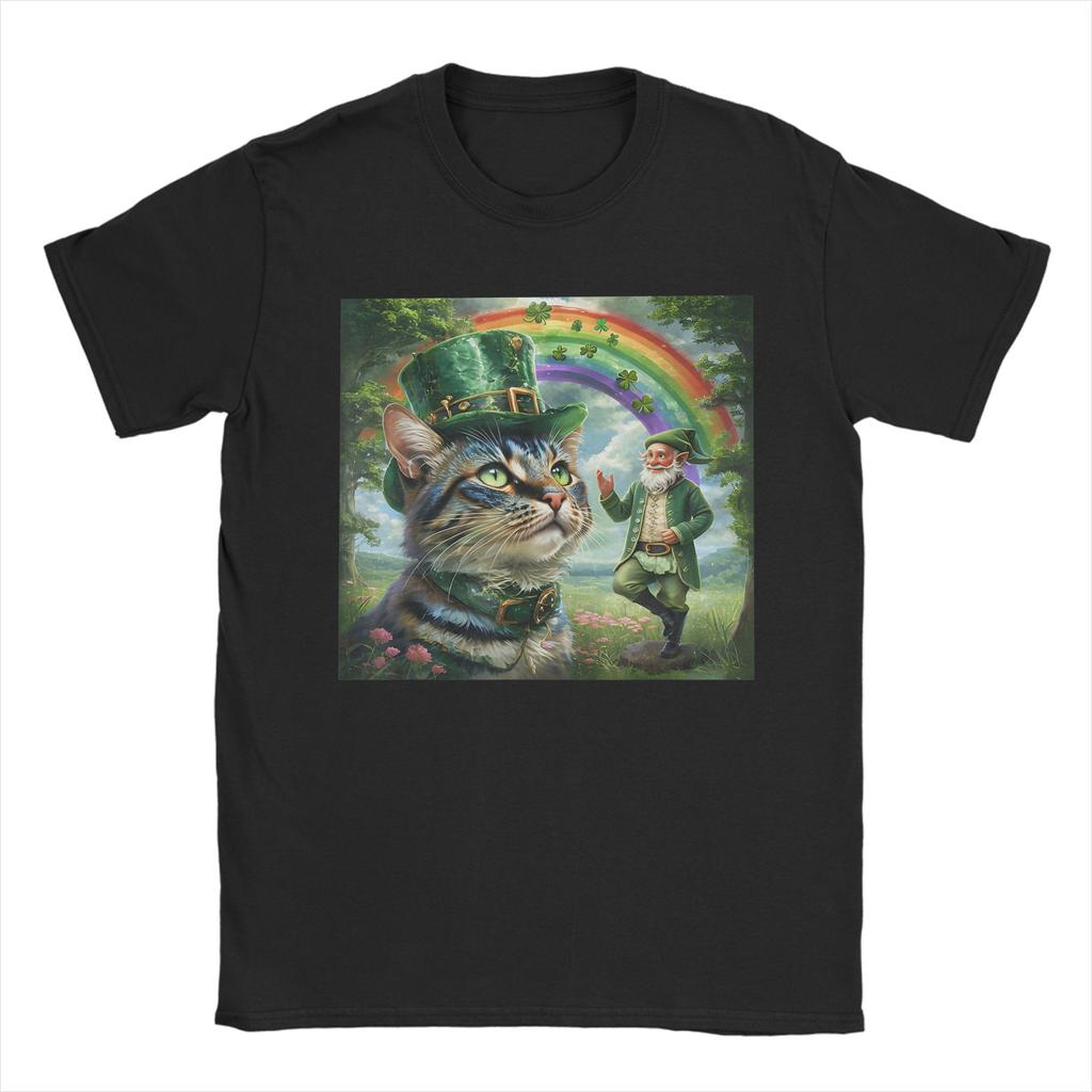 St Patricks Day Cat Selfie with Leprechaun Funny Photo T Shirt Beach Cotton T Shirts For Unisex Harajuku Casual Tee Shirt