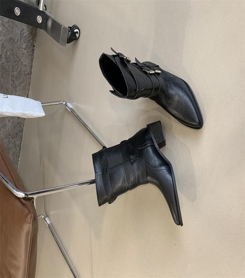 2025 autumn and winter new thick heel western boots retro belt buckle knight boots brown medium boots women's boots locomotive boots