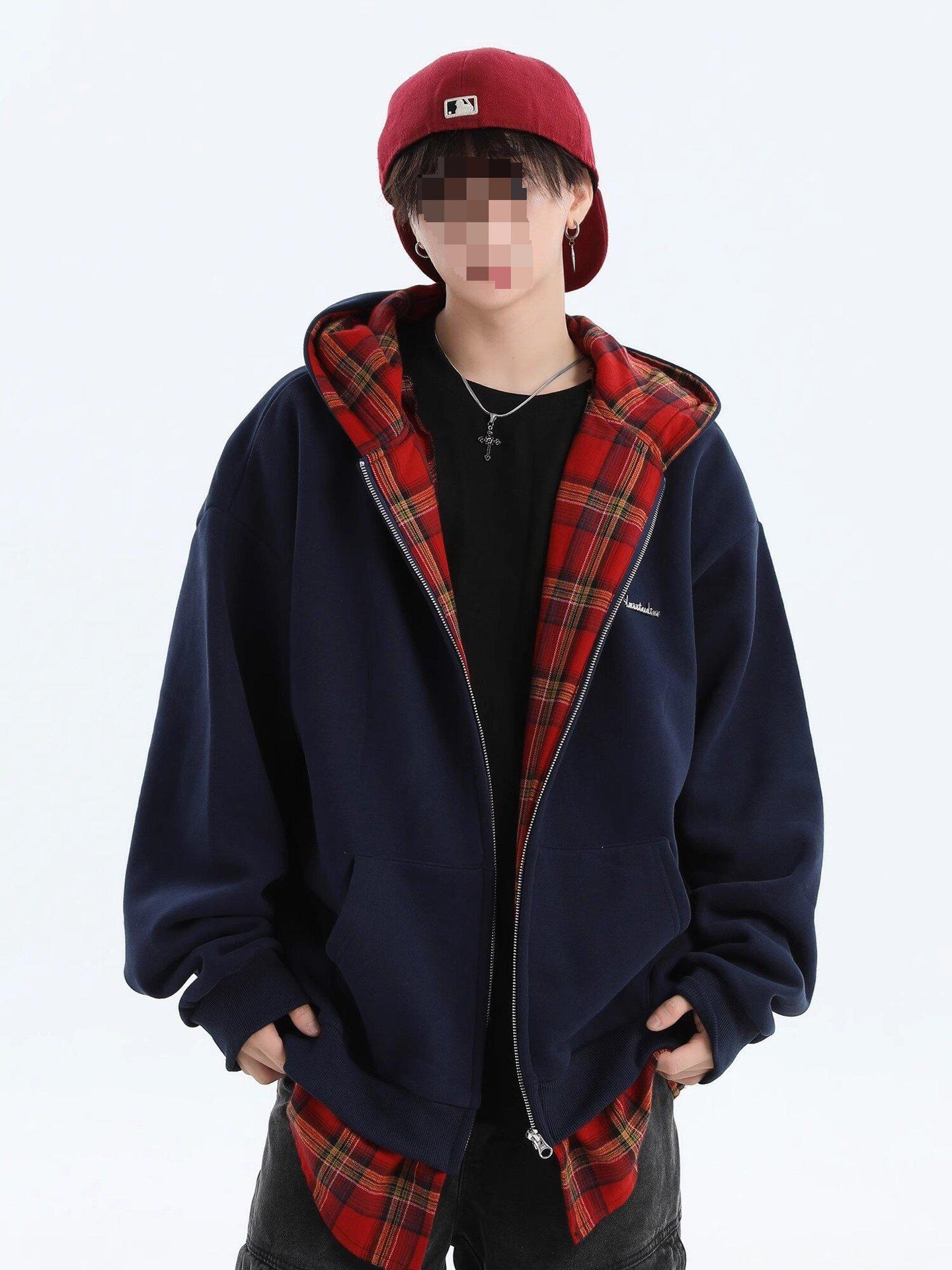 American Plaid Trendy Thickened Couple Hoodie Jacket L