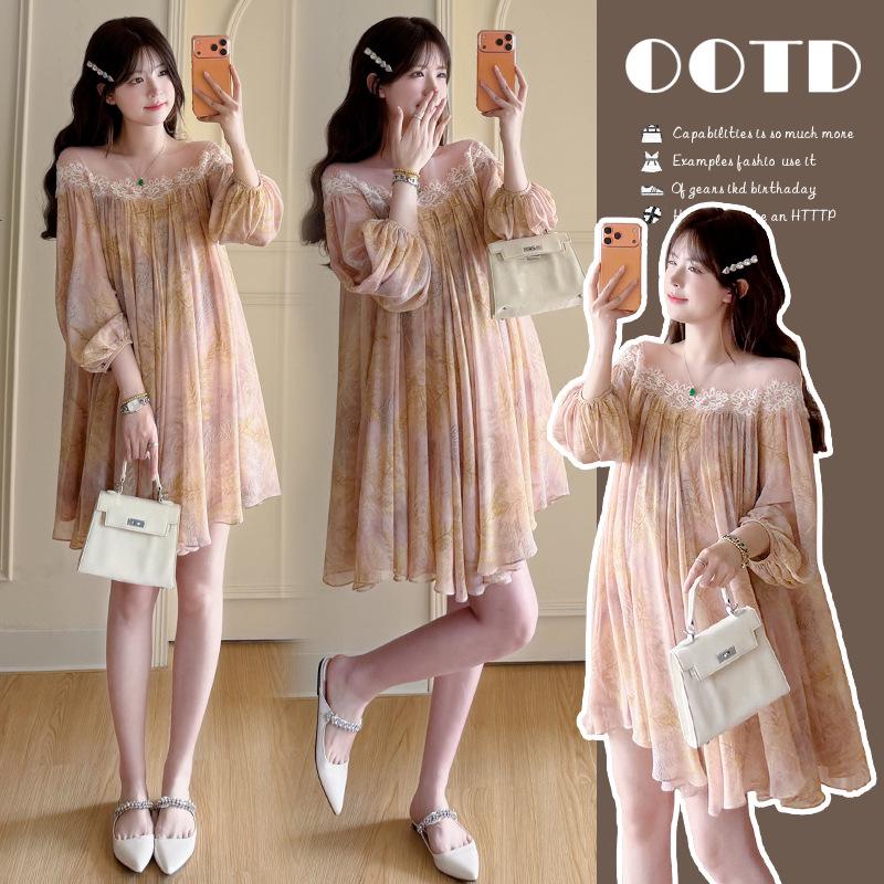 2026 Summer Sweet Petite Maternity Off-Shoulder Lace Dress Large
