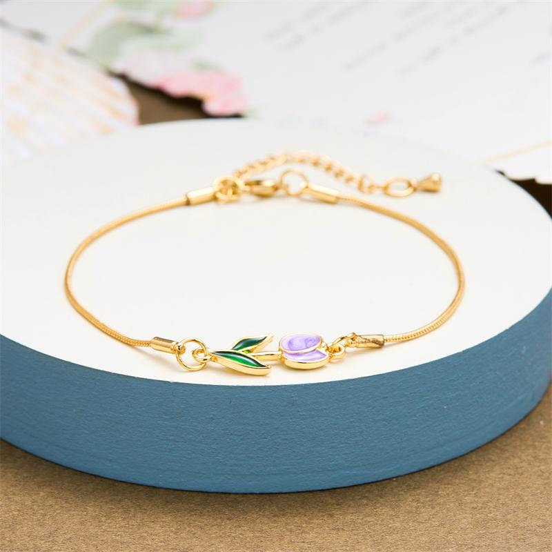 Korean Tulip Flower Bracelet For Women Light Luxury Enamel Copper Lobster Clasp Chain Adjustable Charm Bracelet Trendy Jewelry