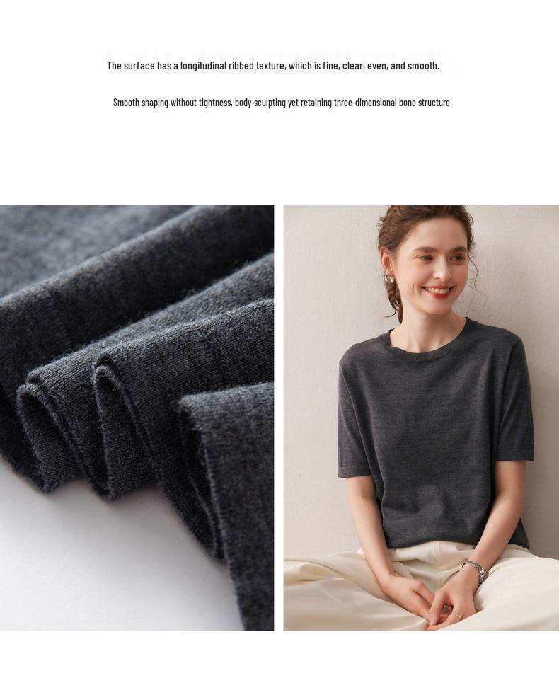 Women's 100% Wool Short Sleeve Round Neck Sweater - Casual, Versatile Solid Color Autumn Pullover