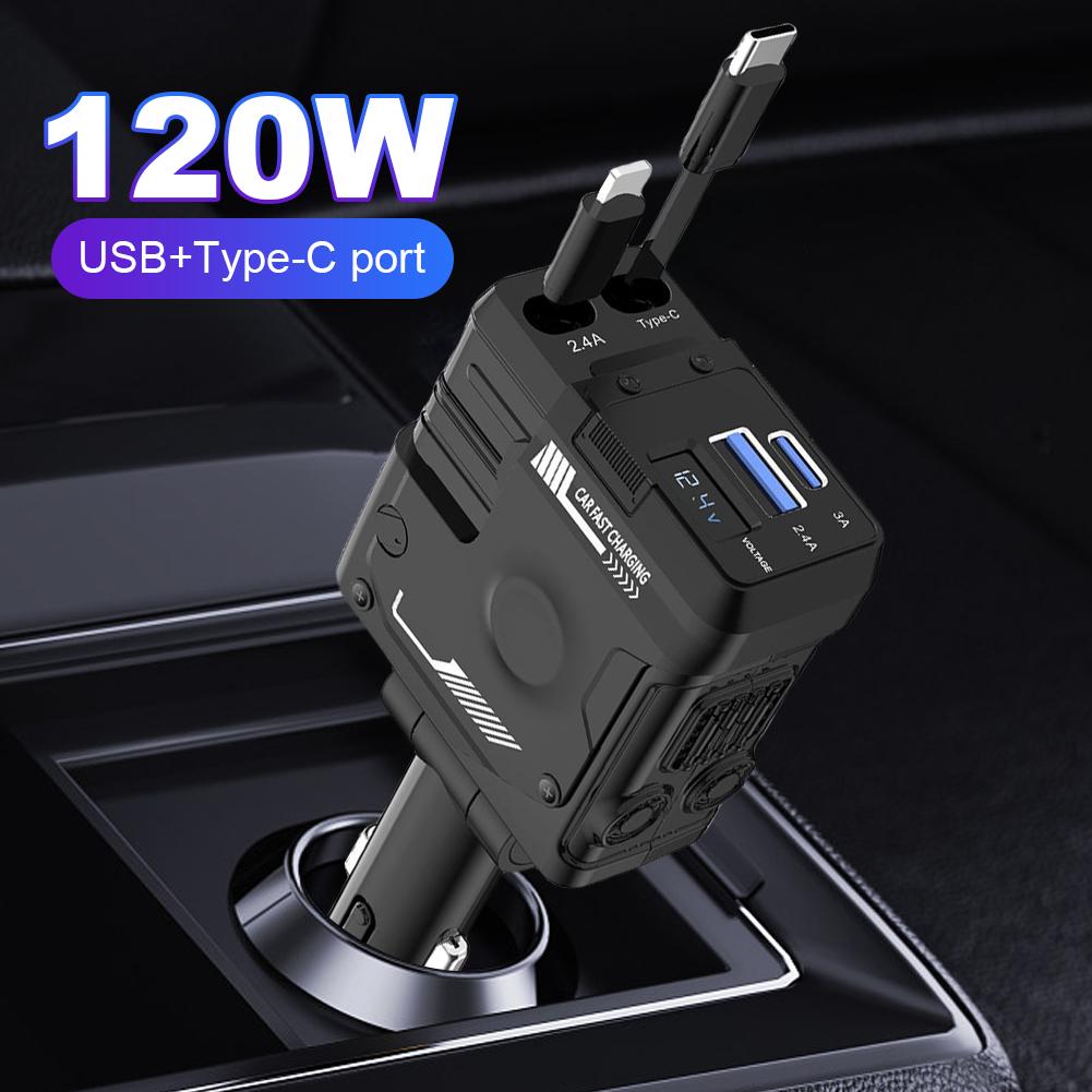 120W Car Cigarette Lighter Adapter USB Type C 4 In 1 Retractable Fast Charging Cable Digital Voltmeter for iPhone Xiaomi Huawei