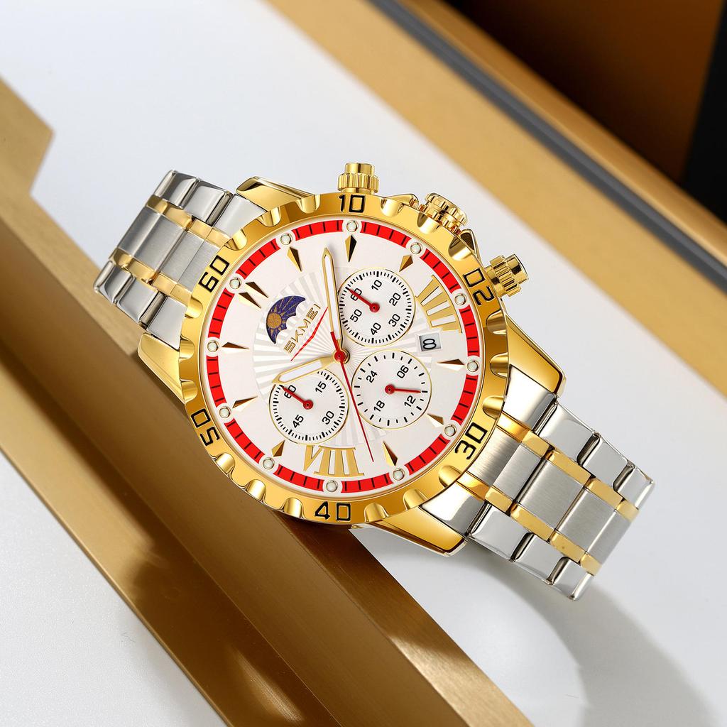 Luxury Golden Watch for Men Fashion Waterproof Male Wristwatch Moon Phase Quartz Men's Watches Relogio Masculino