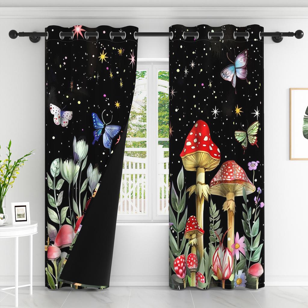 2pcs Funny Mushroom Window Curtains Forest Plants Butterfly Flowers Bedroom Blackout Curtains Black Theme Curtains Living Room