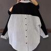 Fashionable Korean Striped Patchwork Shirt Women's Casual Versatile Loose Single Breasted Long Sleeve Blouse Women's Clothing