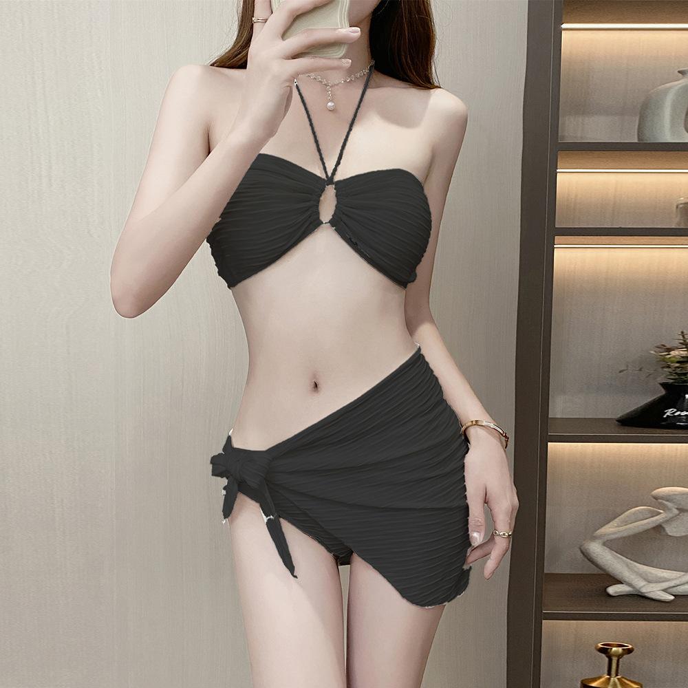 New sexy bikini three-piece gauze skirt swimsuit European and American bikini neck tube top vacation seaside women's swimsuit