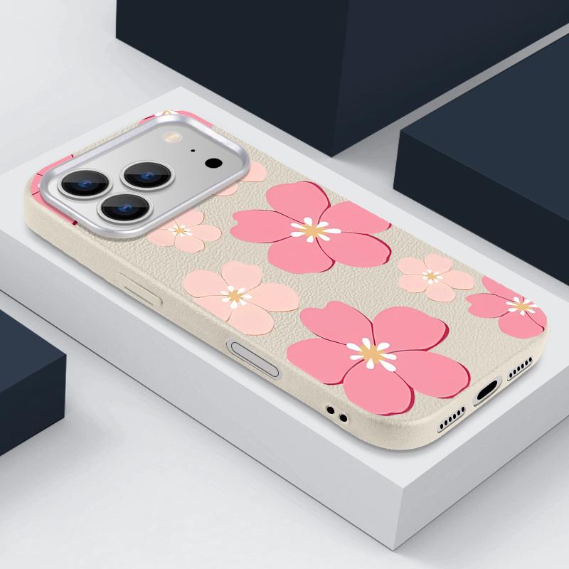 For iPhone 17 Pro Max Case Fresh Style Cherry Blossom Pattern Leather Texture Soft Silicone Cover For iPhone 16 15 14 13 Pro 12 11 16E Air