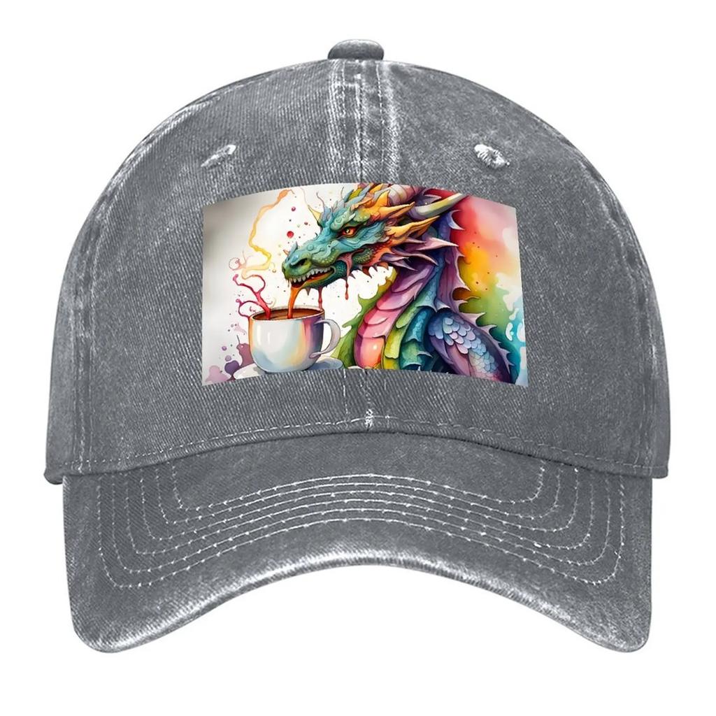 Watercolor Dragon with his Morning Coffee Baseball Cap birthday custom caps Sun Hat For Children Vintage Unisexs Tennis Women
