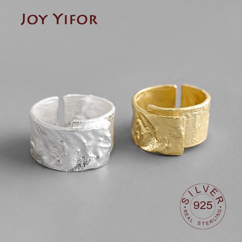 2 Pcs Wide Ring 100% 925 Silver Open Ring for Women INS Gold & Silver Gold Foil Concave-convex Irregular Face resizable