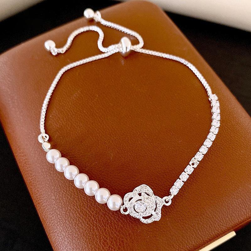 French Sweet Zircon Flower Pearl Pull-Up Bracelet Bracelet Versatile Jewelry