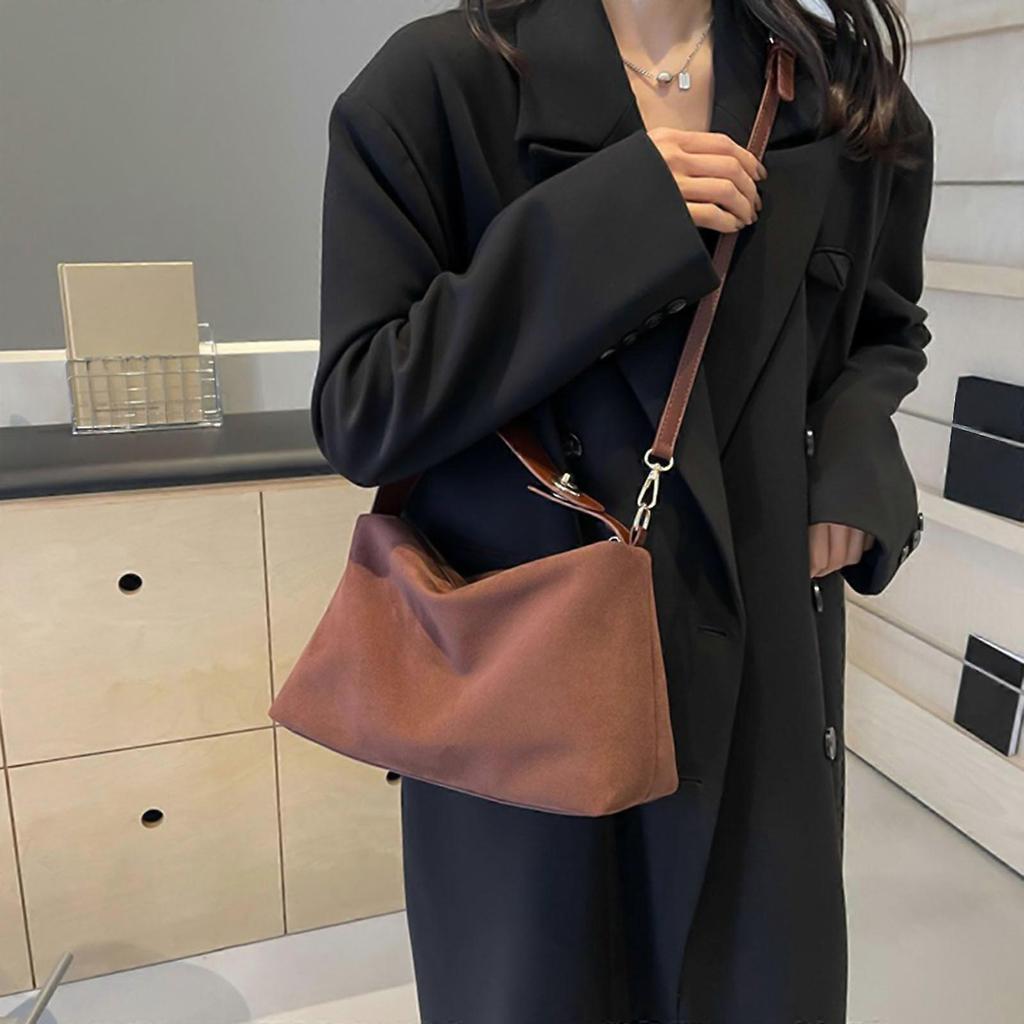 Trendy Faux Sueded Leather Top Handle Handbag for Women with Adjustable Strap Crossbody Shoulder Bag Zippered Purse brown