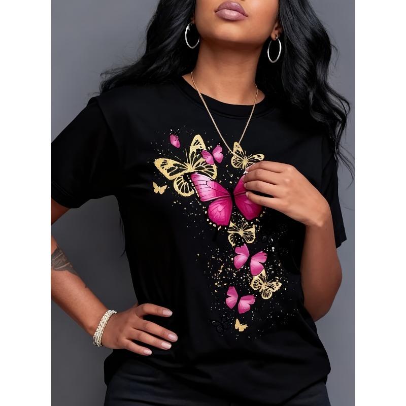 European sizesVibrant Butterfly Print + Short-Sleeve for Spring And Summer + Round Neck T-Shirt