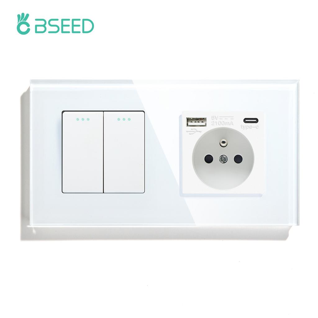 BSEED 1/2/3Gang Mechanical Wall Light Switch 1Way Plus French Socket USB Type-c Ports USB Power Sockets Glass Frame 16A