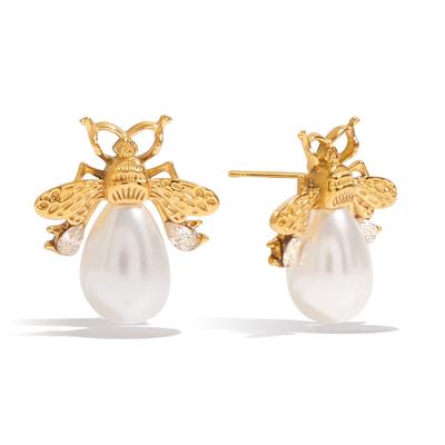 Youthway Faux Pearls Bee Zirconia Stud Earrings Stainless Steel Anti Allergy Waterproof Ears Jewelry Metal Trendy Daily Earring