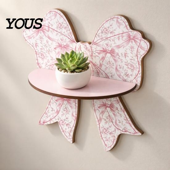 Wall Mount Organizer for Powder Room Cute Pink Bow Wooden Shelf, Shaped Display Rack, Small Floating Shelves Bedroom Storage Shelf Vanity Room,