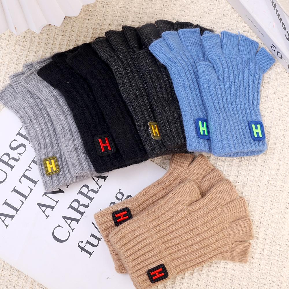 2020New Autumn And Winter Knitted Warm Half Finger H-label Gloves With Sliding Screen Fashion Men's Sports Mittens Warmth Cold-proof
