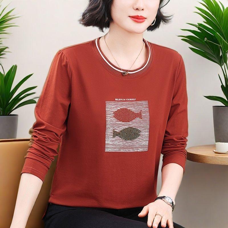 Autumn New Middle-aged and Elderly Mothers Hot Diamond Loose Bottoming Long-sleeved Trendy T-shirt Tops for Women