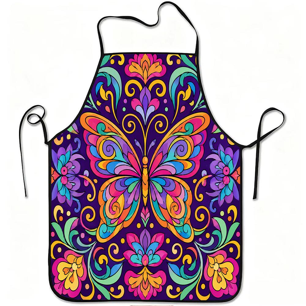 1pc Colorful Butterfly Floral Pattern Print Apron, Durable And Easy To Clean, Adjustable Waistband, Polyester Material, for Kitchen Cooking, Gardening