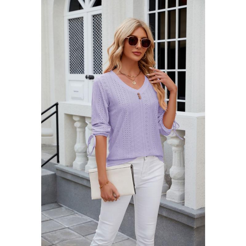 Spring and Summer Women's T-shirt New Button V-neck Solid Color Loose T-shirt Mid-sleeved Tops
