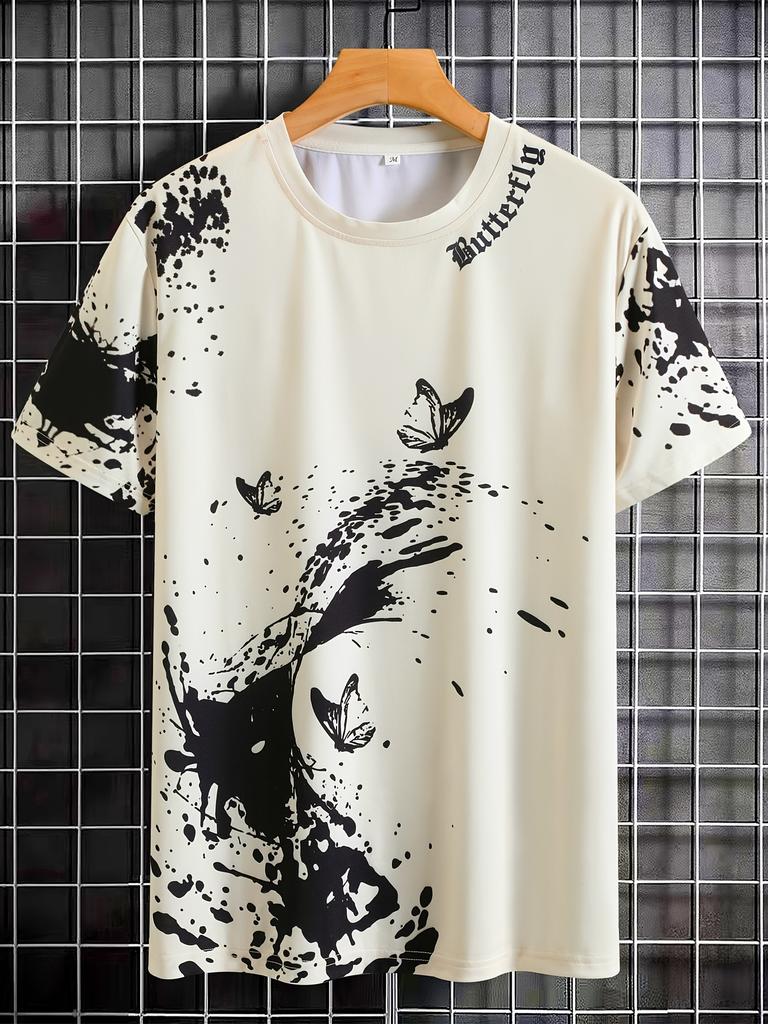 Men's Spring, Summer and Autumn Flat Shoulder Casual Butterfly Print Short-sleeved T-shirt, Suitable for Casual Outings