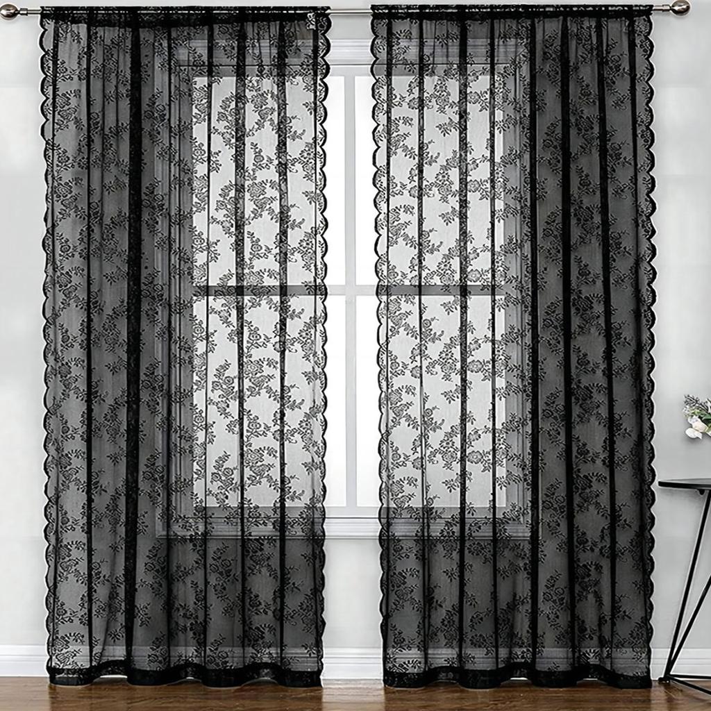 1pc Rose Pattern Single Panel Sheer Curtain, Black Embroidered Lace Curtains for Home Decor