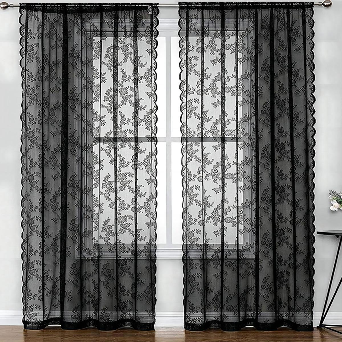 

1pc Rose Pattern Single Panel Sheer Curtain, Black Embroidered Lace Curtains for Home Decor 100X100CM 1PC&Rod Pocket чёрный