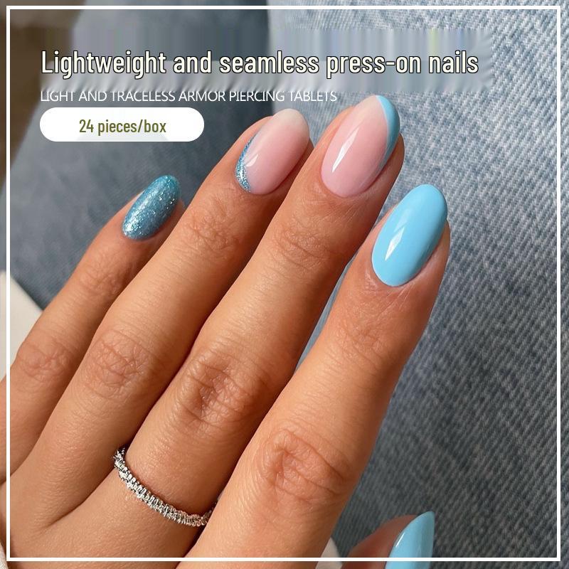 

24-Piece Removable Short Almond Nails with Blue Edge Accents Gel Glue Kit