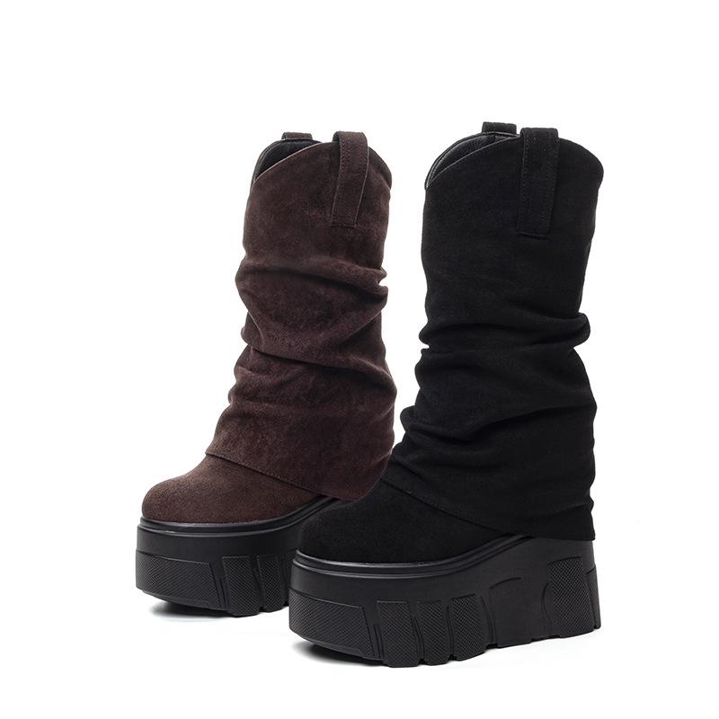 2025 New Women's 14cm High Ankle Boots – Thick-Soled, Irregular Ruched Slouch Design for Autumn/Winter