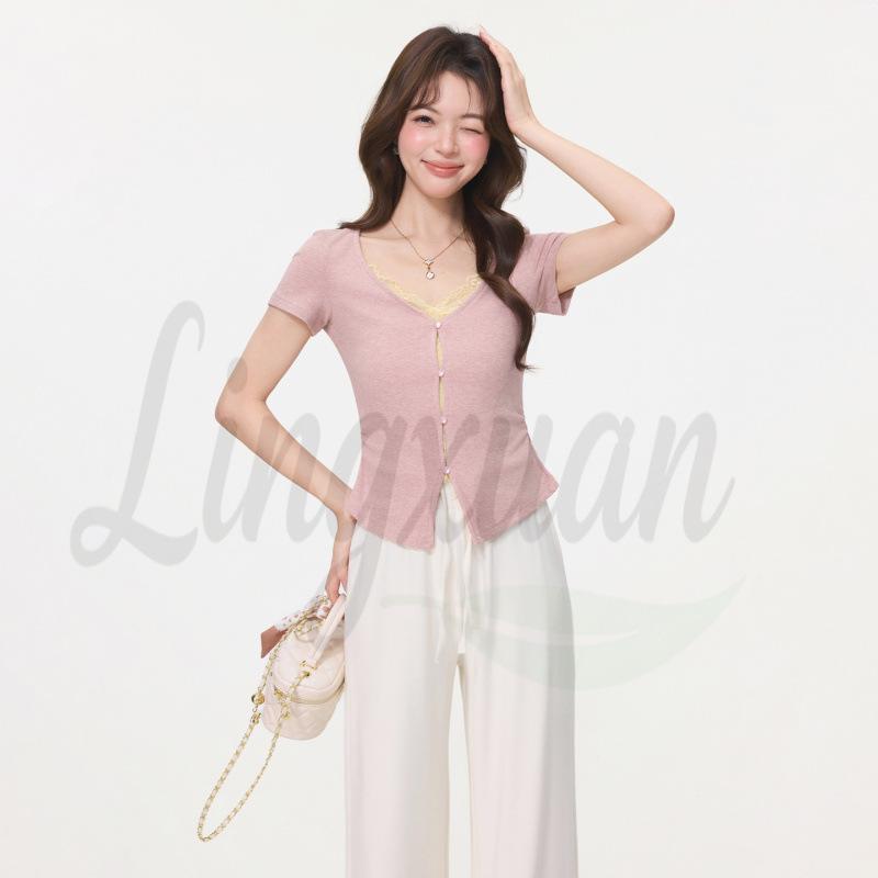 

Korean Style Color Block Lace T-Shirt - Women s Slim Fit, Fake Two-Piece Design, Spring Collection Large розовый