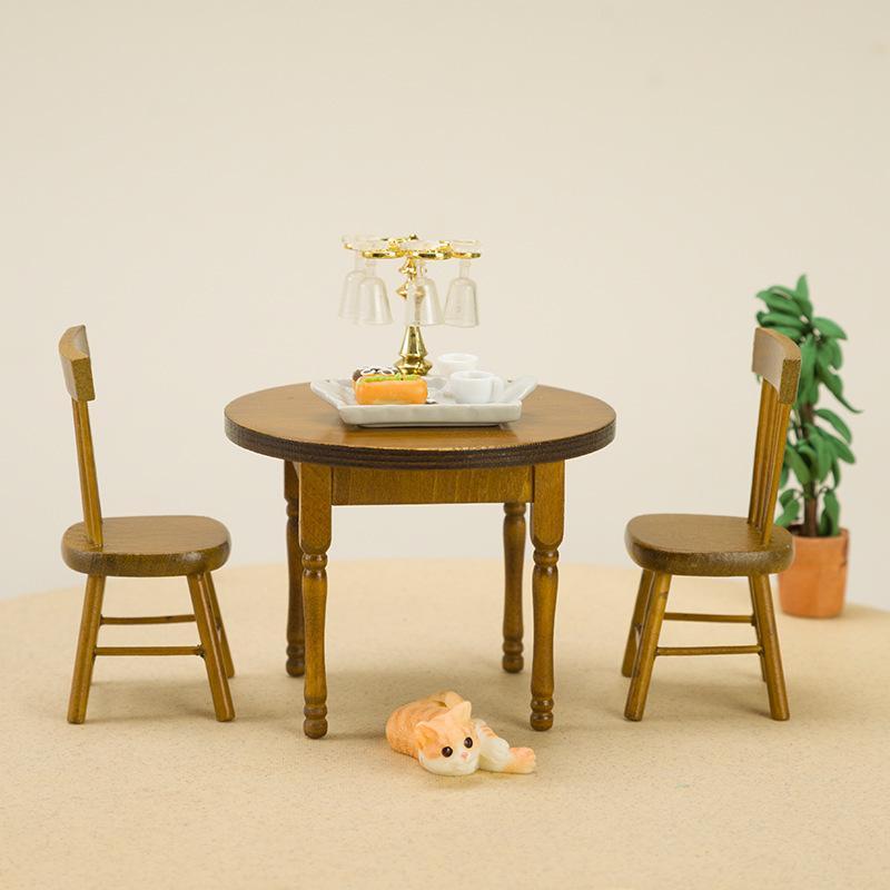 1/3Pcs 1:12 Mini Dollhouse Dining Table Chair Set Wooden Miniature Furniture for Dollhouse Micro Landscape Decor Kids Pretend Play Toy